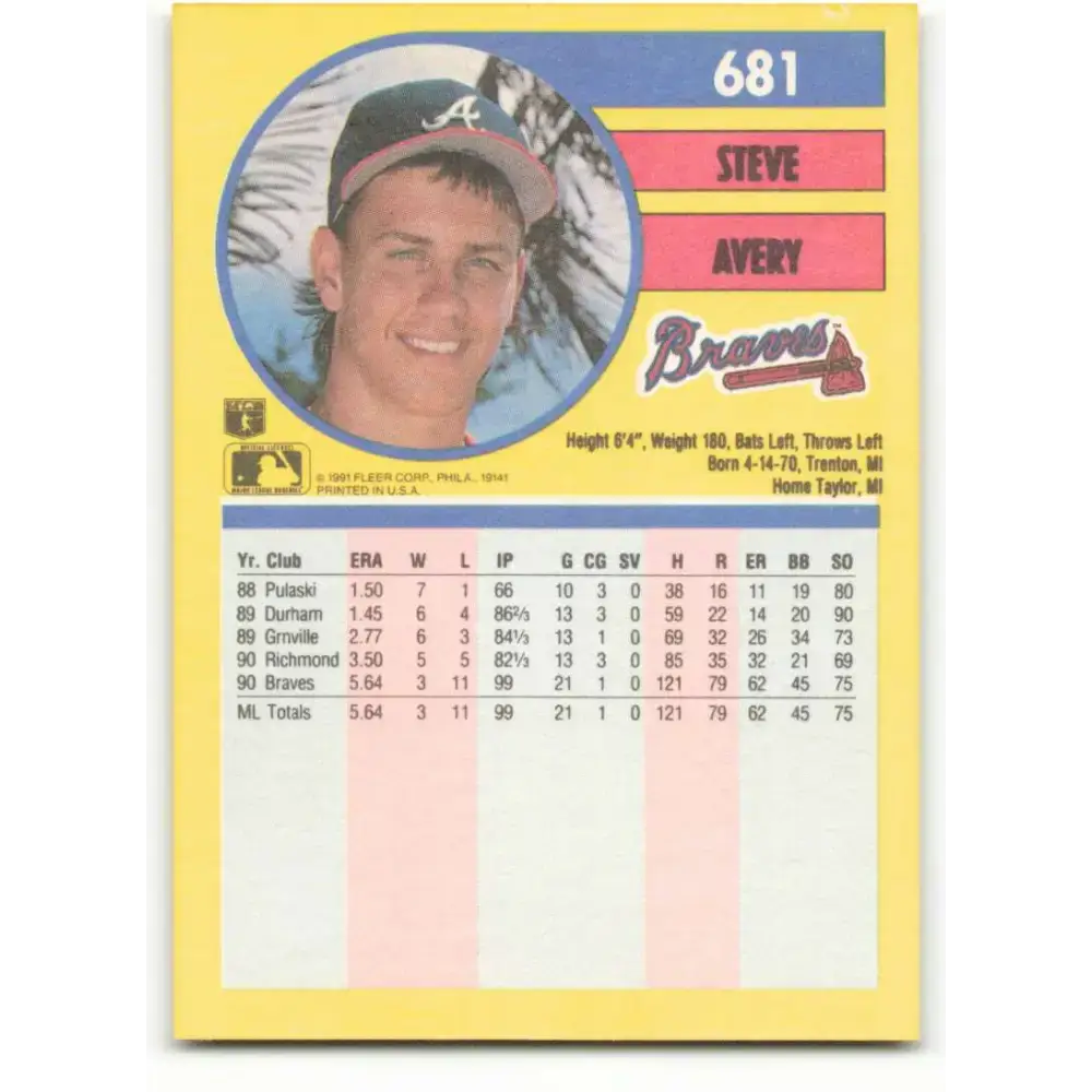 1991 Fleer #681 Steve Avery NM-MT Atlanta Braves Baseball Card - Baseball Card Single