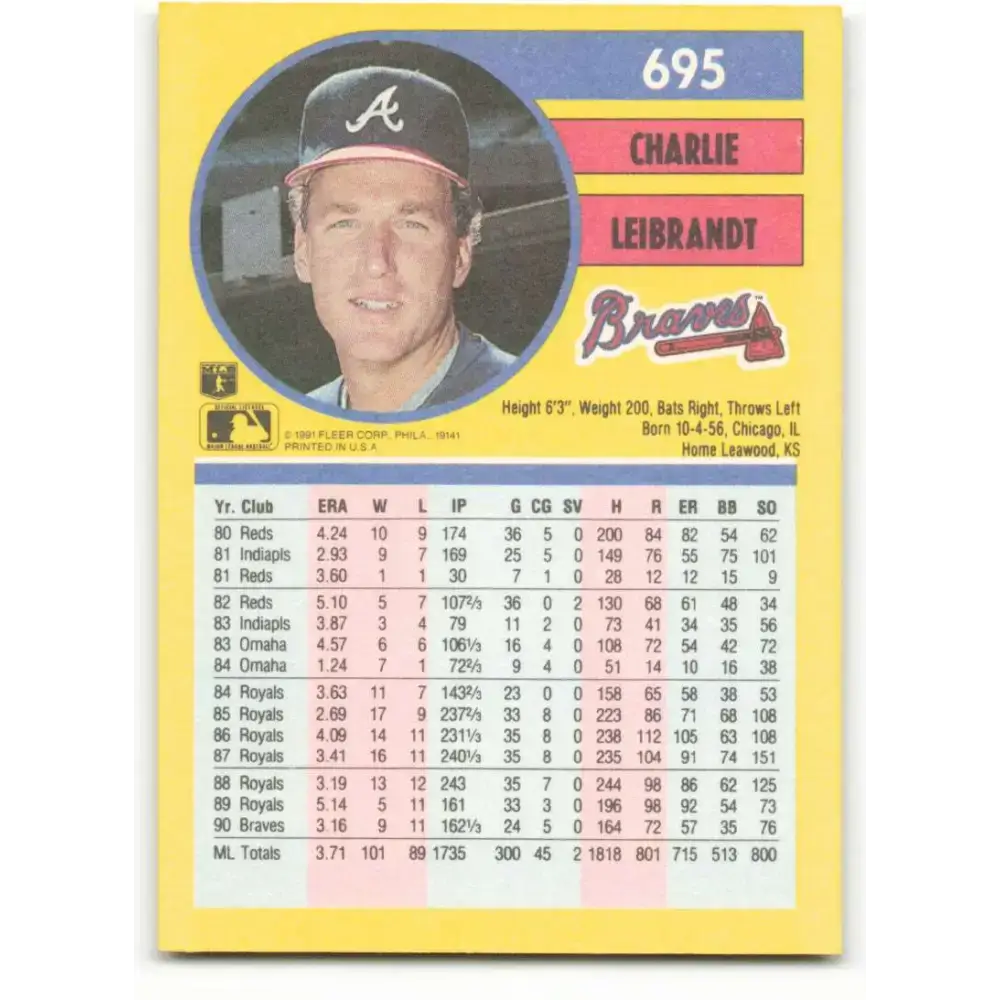 1991 Fleer #695 Charlie Leibrandt NM-MT Atlanta Braves Baseball Card - Baseball Card Single