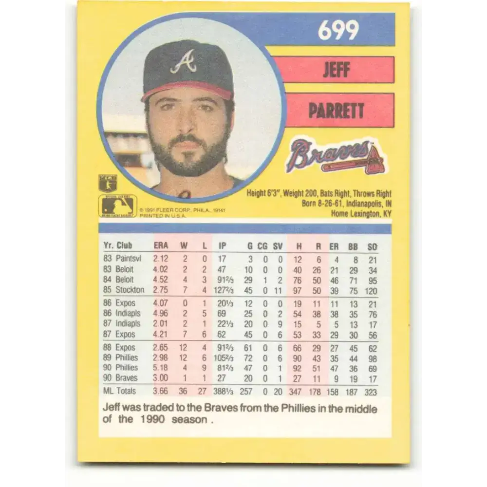1991 Fleer #699 Jeff Parrett NM-MT Atlanta Braves Baseball Card - Baseball Card Single