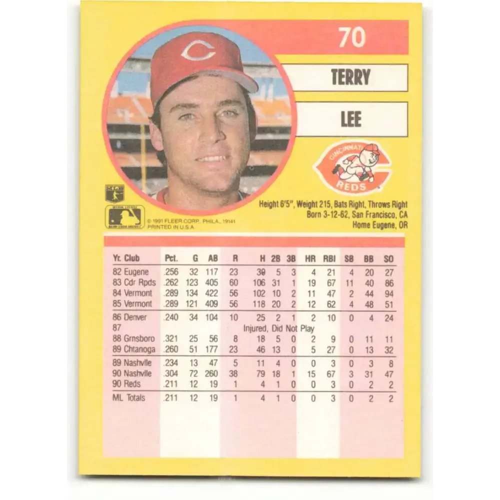 1991 Fleer #70 Terry Lee NM-MT RC Rookie Cincinnati Reds Baseball Card