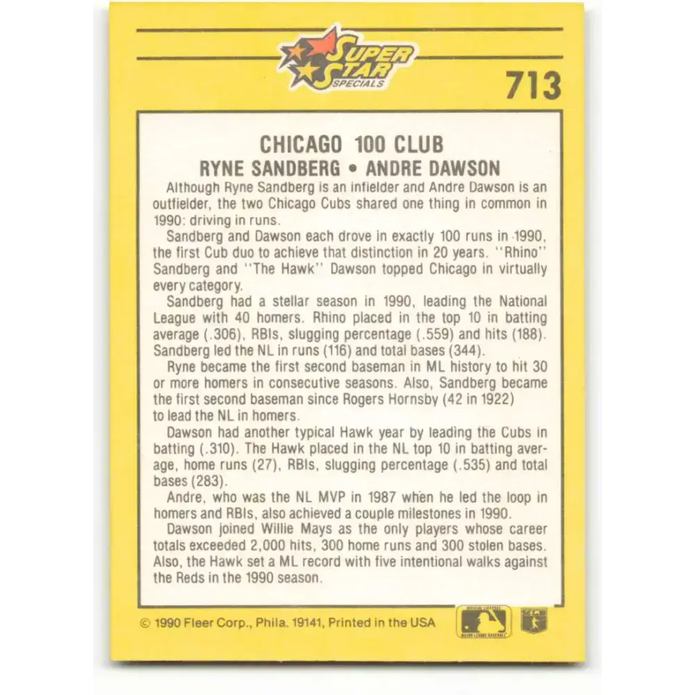 1991 Fleer #713 Ryne Sandberg/Andre Dawson NM-MT Chicago Cubs Baseball Card - Baseball Card Single