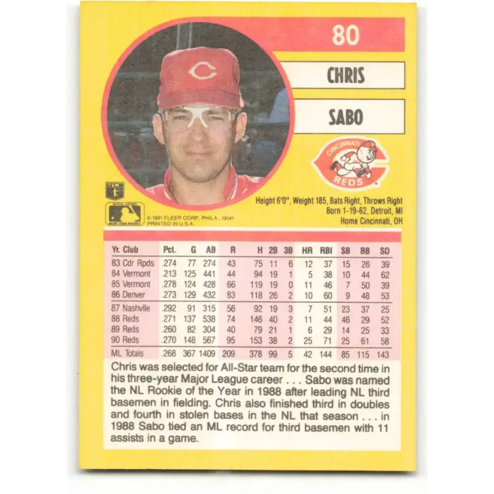 1991 Fleer #80 Chris Sabo NM-MT Cincinnati Reds Baseball Card - Baseball Card Single