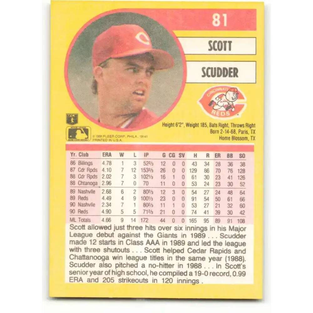 1991 Fleer #81 Scott Scudder NM-MT Cincinnati Reds Baseball Card - Baseball Card Single