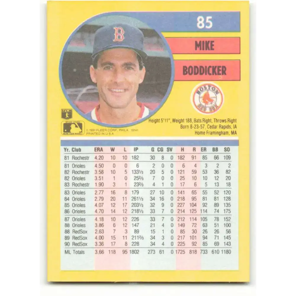 1991 Fleer #85 Mike Boddicker NM-MT Boston Red Sox Baseball Card - Baseball Card Single