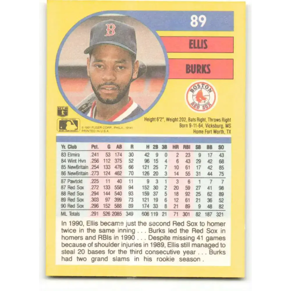 1991 Fleer #89 Ellis Burks NM-MT Boston Red Sox Baseball Card - Baseball Card Single
