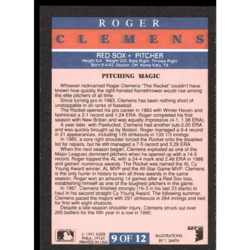 1991 Fleer #9 Roger Clemens EX/NM Boston Red Sox Baseball Card - Baseball Card Single