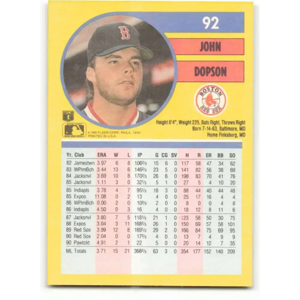1991 Fleer #92 John Dopson NM-MT Boston Red Sox Baseball Card - Baseball Card Single