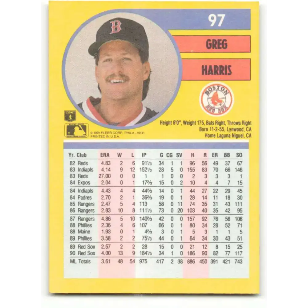 1991 Fleer #97 Greg Harris NM-MT Boston Red Sox Baseball Card - Baseball Card Single