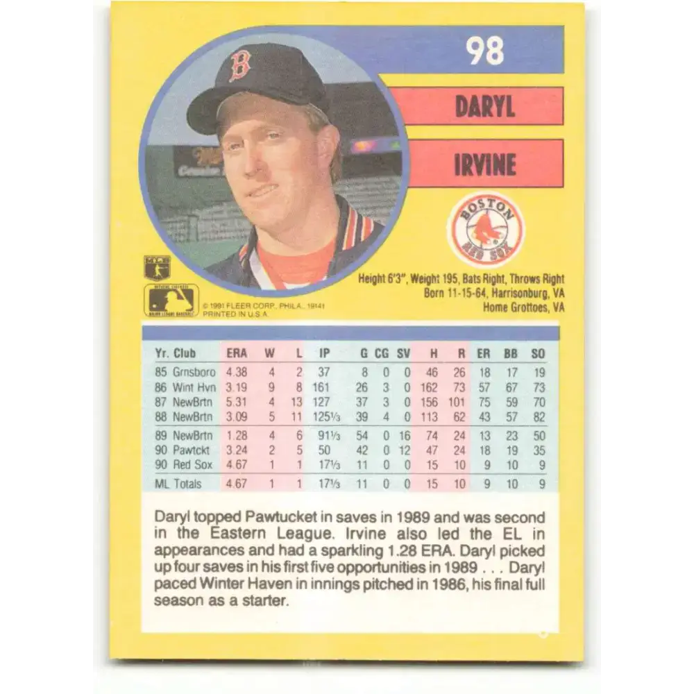 1991 Fleer #98 Daryl Irvine NM-MT RC Rookie Boston Red Sox Baseball Card - Baseball Card Single