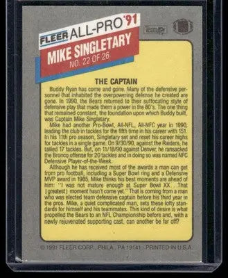 1991 Fleer All-Pro Mike Singletary #22 of 26 Football - Football Card Single