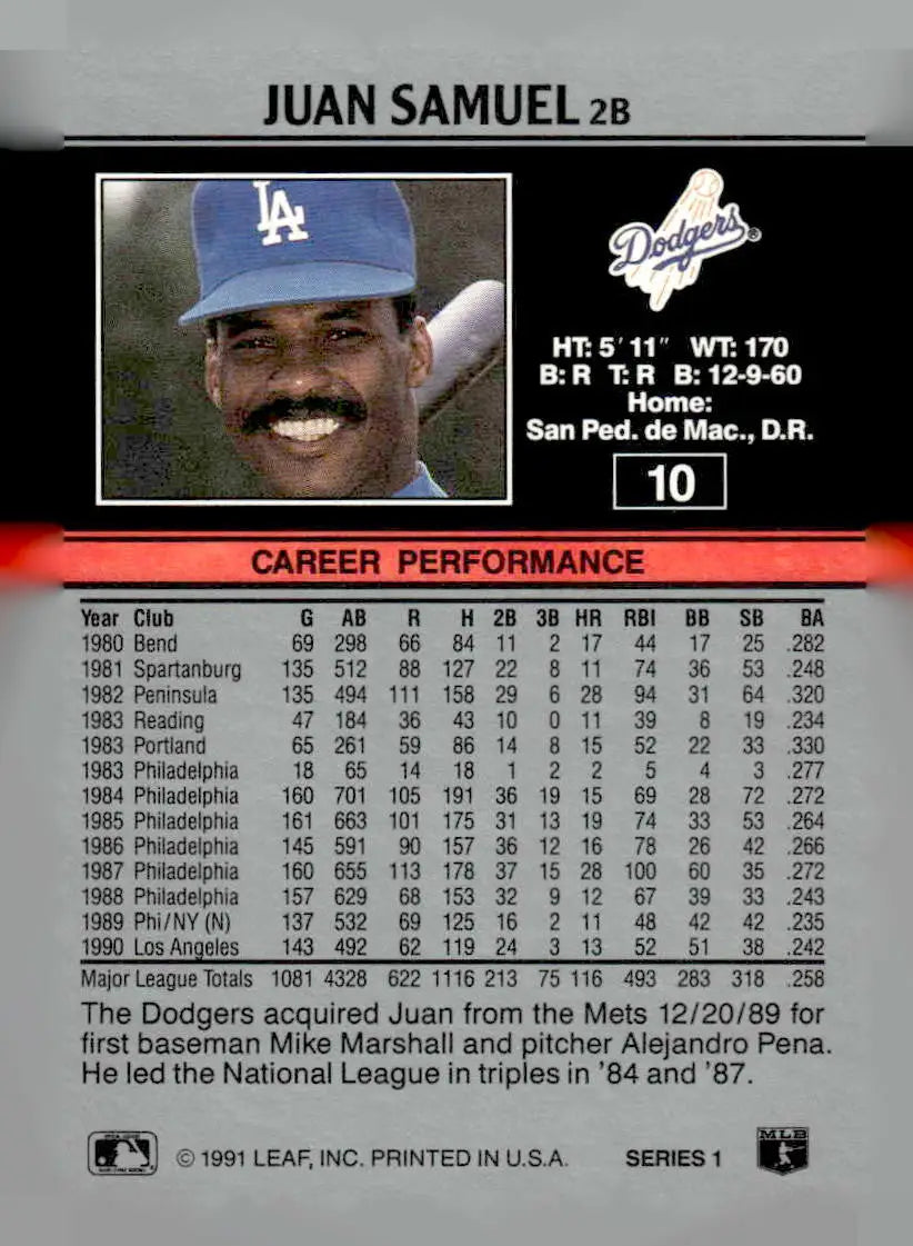 1991 Leaf #10 Juan Samuel - Baseball Card Single