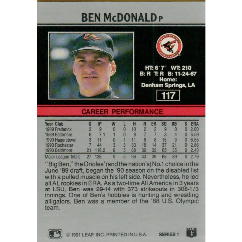1991 Leaf #117 Ben McDonald NM-MT Baltimore Orioles Baseball Card - Baseball Card Single