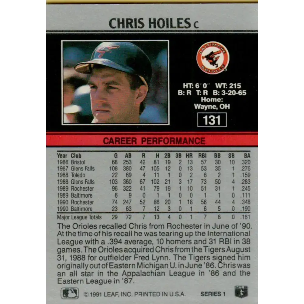 1991 Leaf #131 Chris Hoiles NM-MT Baltimore Orioles Baseball Card - Baseball Card Single