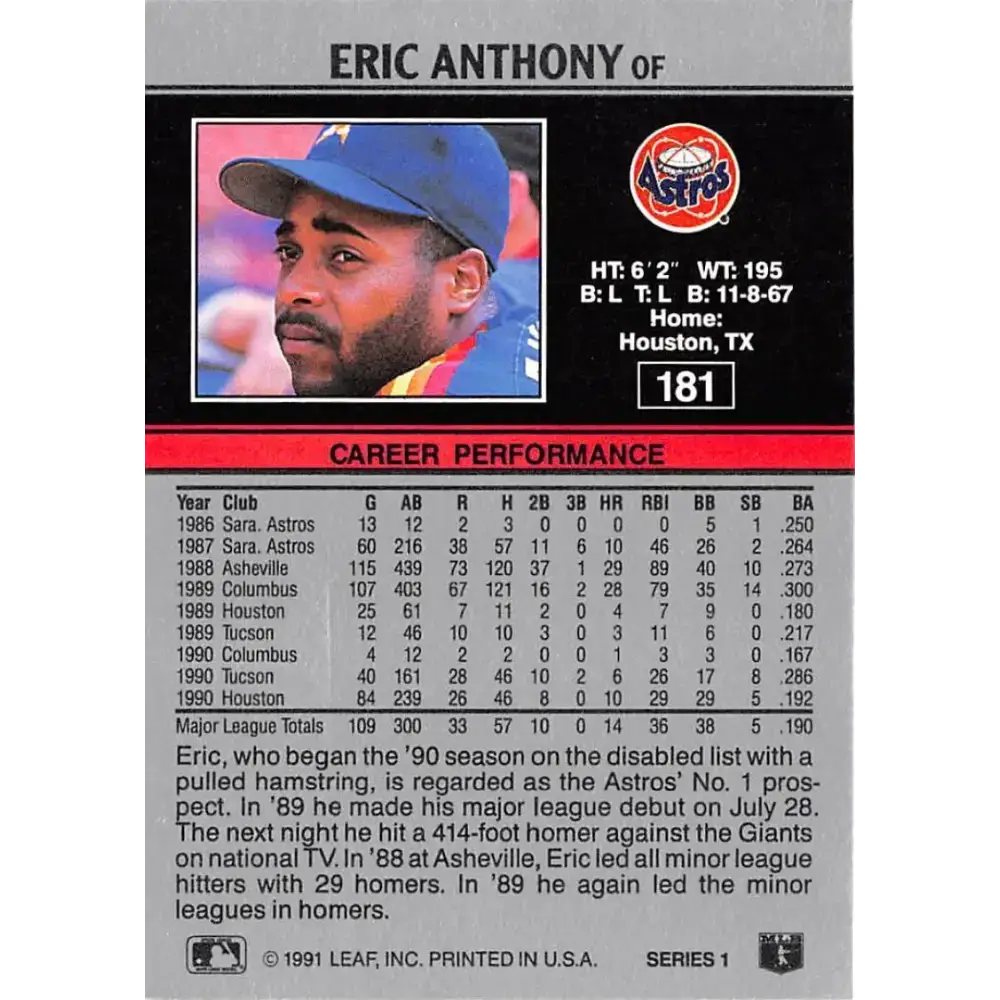 1991 Leaf #181 Eric Anthony NM-MT Houston Astros Baseball Card - Baseball Card Single