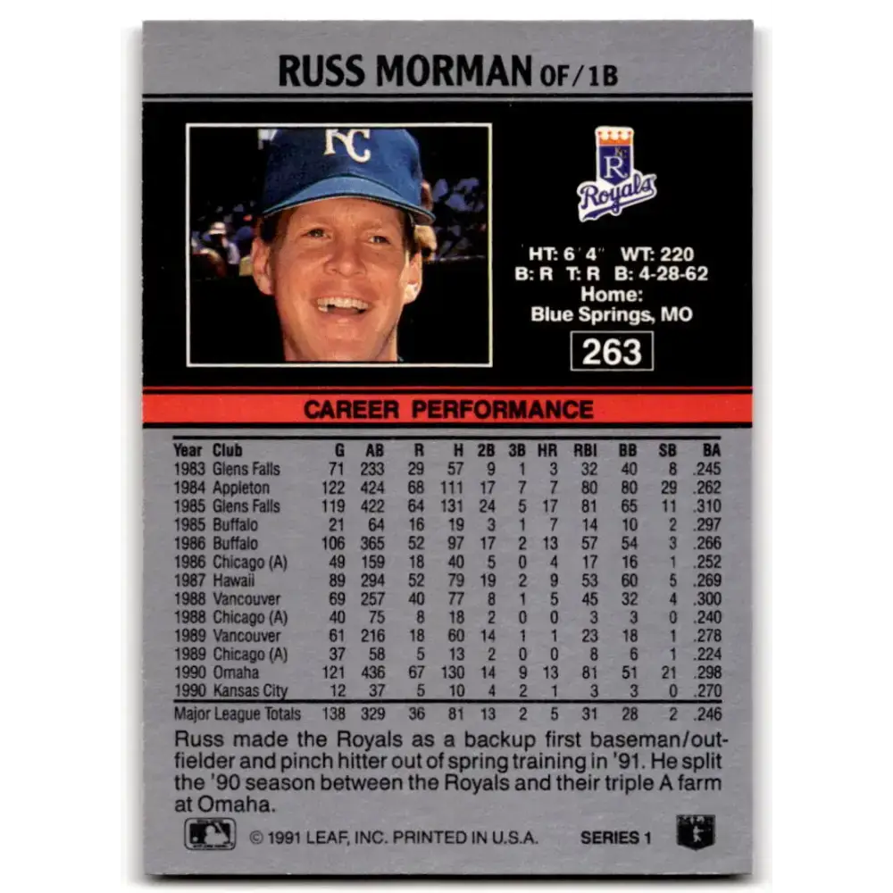 1991 Leaf #263 Russ Morman NM-MT Kansas City Royals Baseball Card - Baseball Card Single