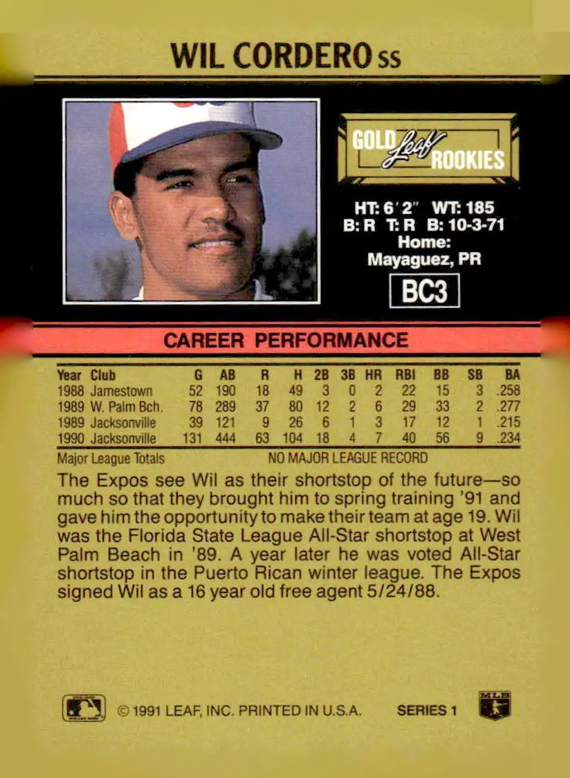 1991 Leaf #267 Wil Cordero Gold Rookies Numbered Variations - Baseball Card Single