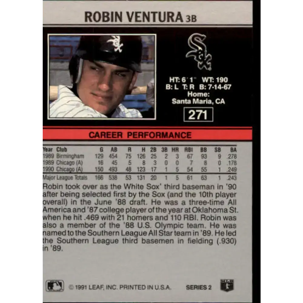1991 Leaf #271 Robin Ventura NM-MT Chicago White Sox Baseball Card - Baseball Card Single
