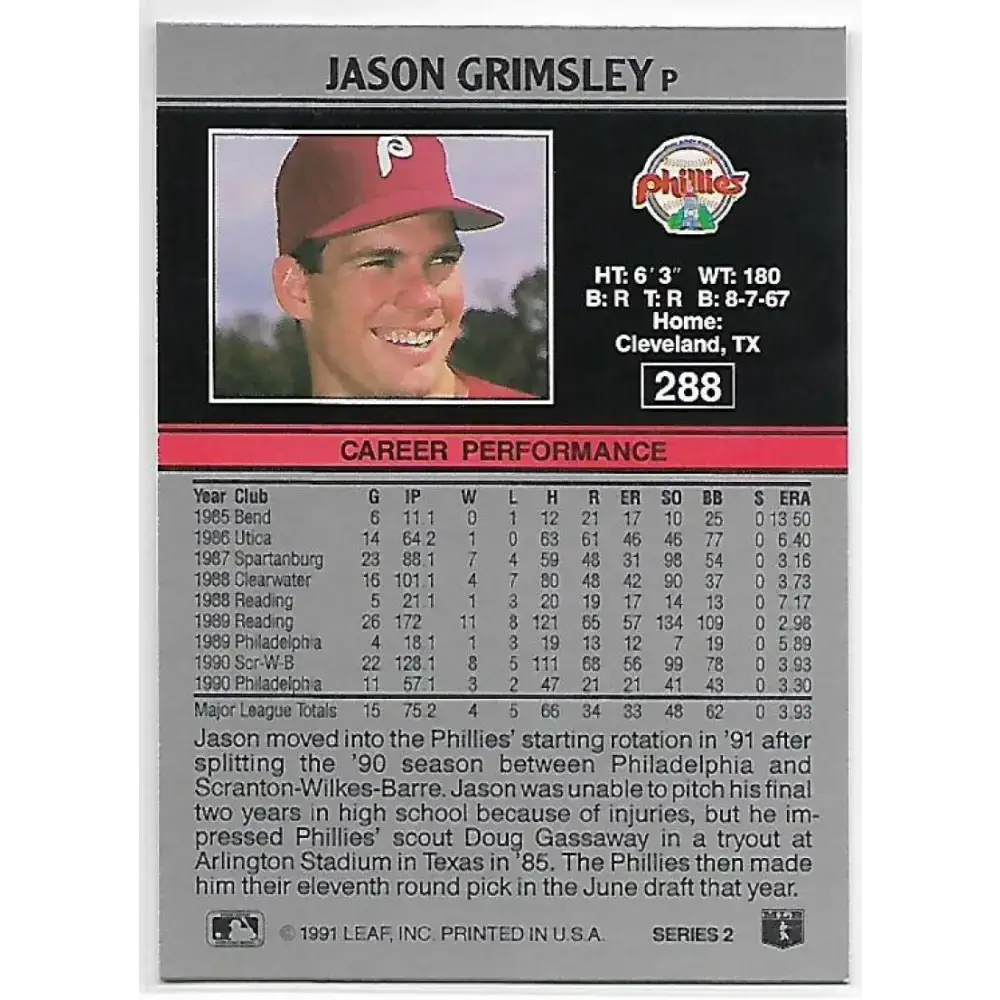 1991 Leaf #288 Jason Grimsley NM-MT Philadelphia Phillies Baseball Card - Baseball Card Single