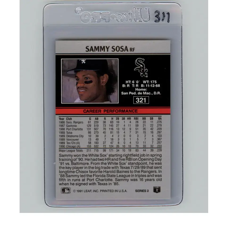 1991 Leaf #321 Sammy Sosa NM-MT Chicago White Sox Baseball Card - Baseball Card Single