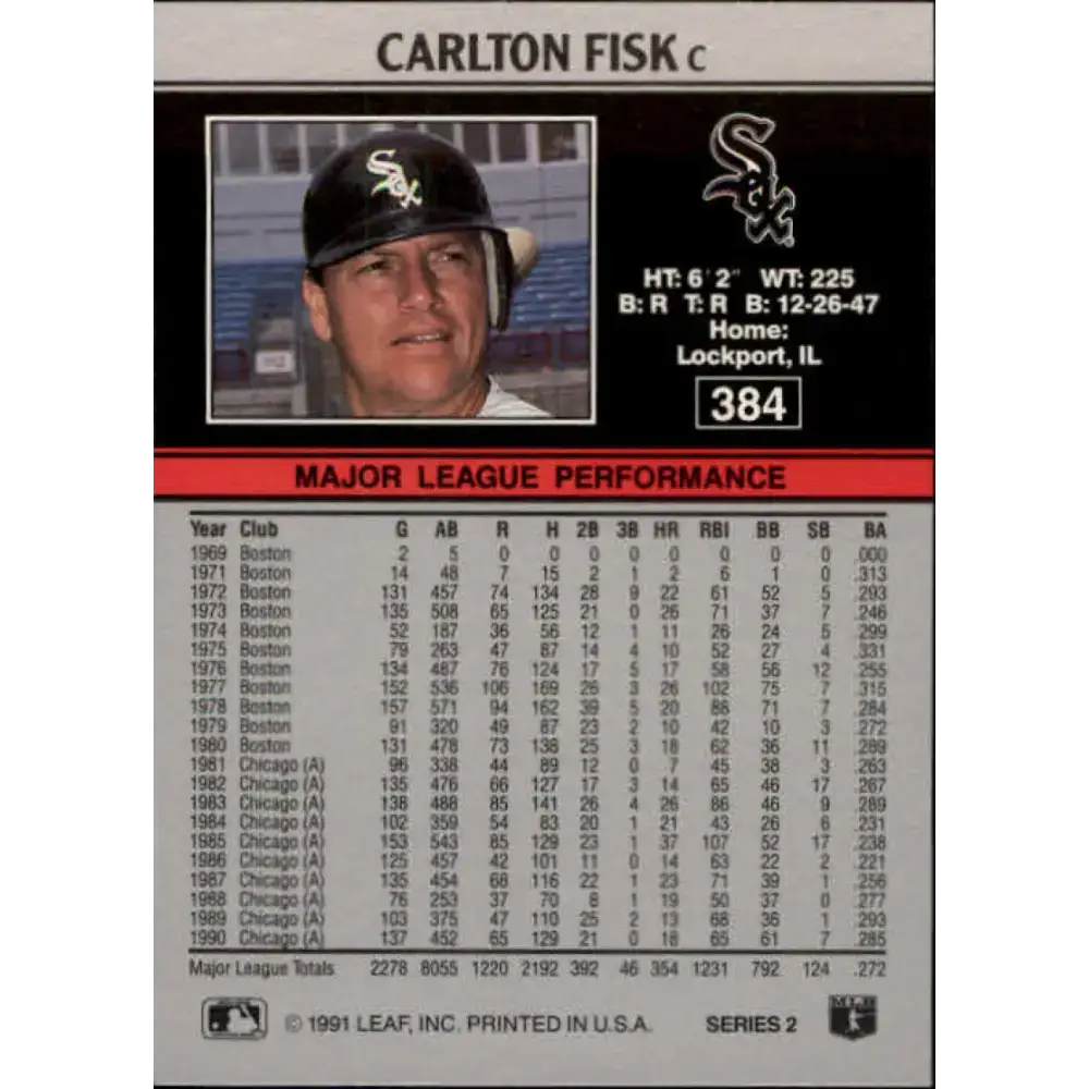 1991 Leaf #384 Carlton Fisk NM-MT Chicago White Sox Baseball Card - Baseball Card Single
