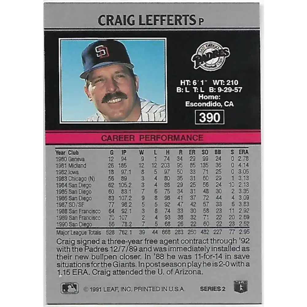 1991 Leaf #390 Craig Lefferts NM-MT San Diego Padres Baseball Card - Baseball Card Single