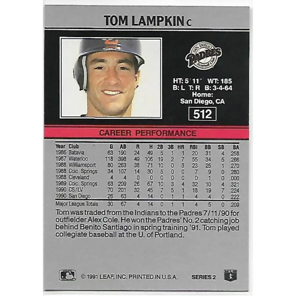 1991 Leaf #512 Tom Lampkin NM-MT San Diego Padres Baseball Card - Baseball Card Single