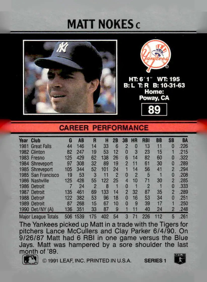 1991 Leaf #89 Matt Nokes - Baseball Card Single