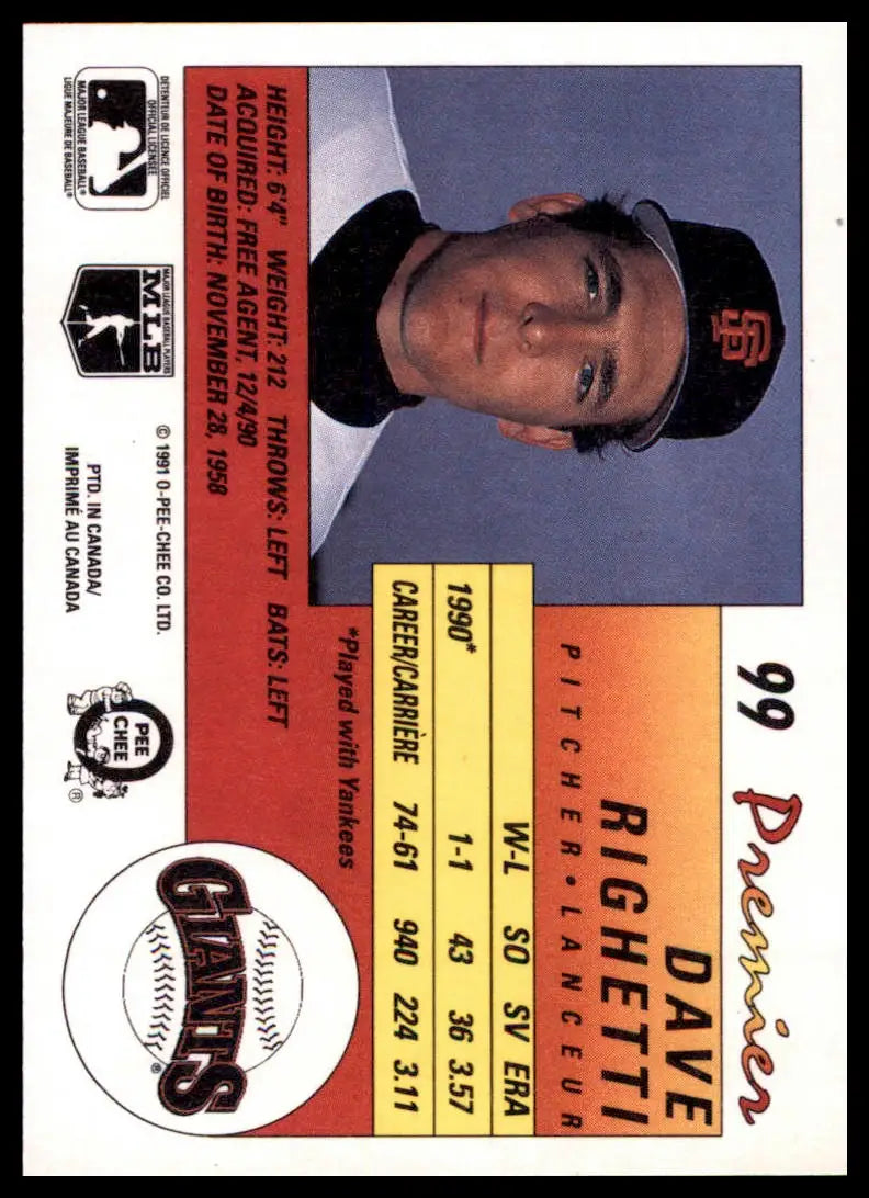 1991 O-Pee-Chee Premier Dave Righetti 99 San Francisco Giants NM - Baseball Card Single