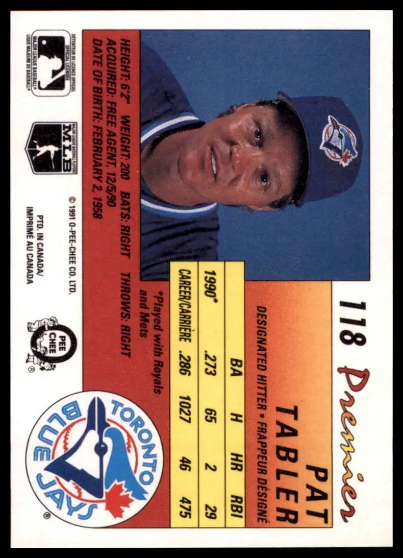1991 O-Pee-Chee Premier Pat Tabler 118 Toronto Blue Jays NM - Baseball Card Single