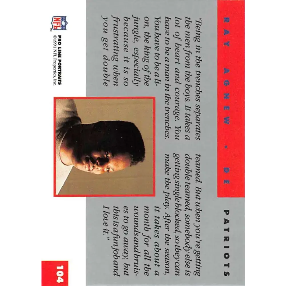 1991 Pro Line Portraits #104 Ray Agnew EX-NM New England Patriots Football Card - Football Card Single