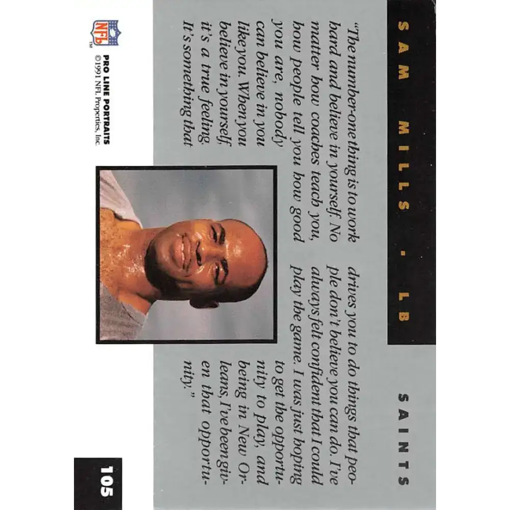 1991 Pro Line Portraits #105 Sam Mills EX-NM New Orleans Saints Football Card - Football Card Single