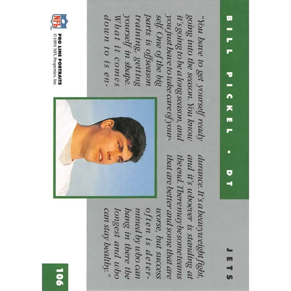 1991 Pro Line Portraits #106 Bill Pickel EX-NM New York Jets Football Card - Football Card Single