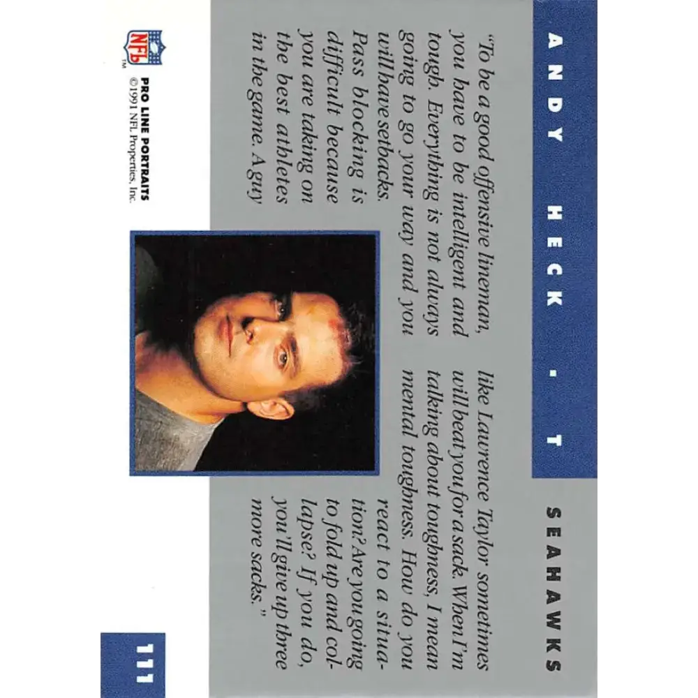 1991 Pro Line Portraits #111 Andy Heck EX-NM Seattle Seahawks Football Card - Football Card Single