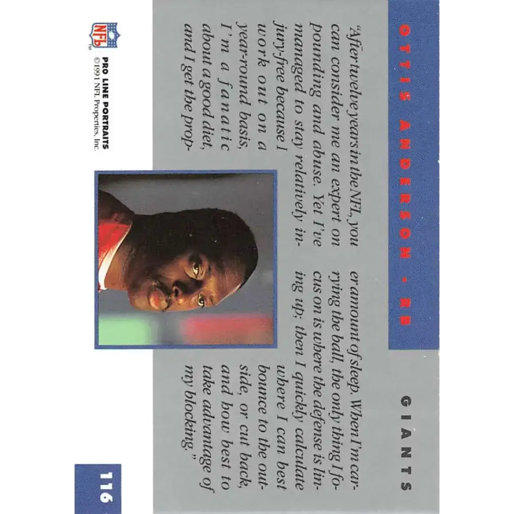1991 Pro Line Portraits #116 Ottis Anderson EX-NM New York Giants Football Card - Football Card Single