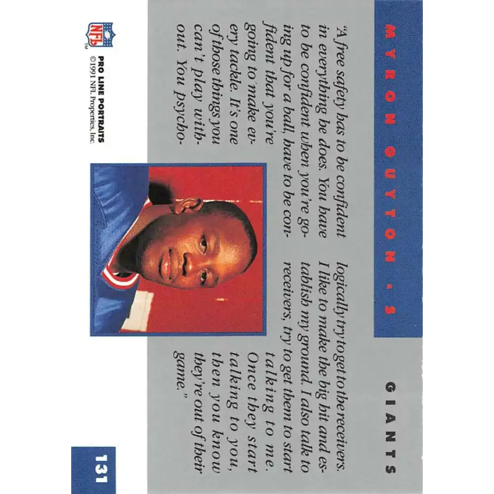 1991 Pro Line Portraits #131 Myron Guyton EX-NM New York Giants Football Card - Football Card Single