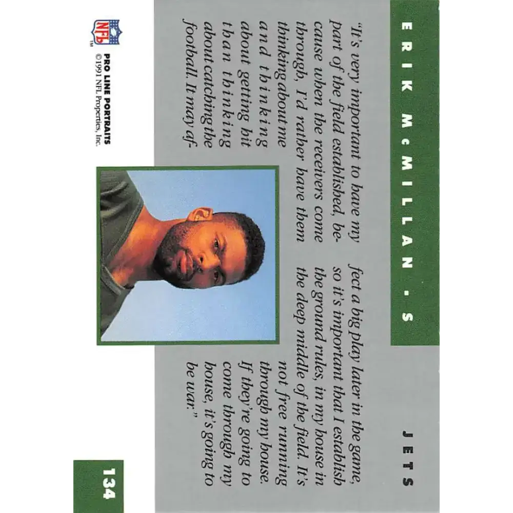 1991 Pro Line Portraits #134 Erik McMillan EX-NM New York Jets Football Card - Football Card Single
