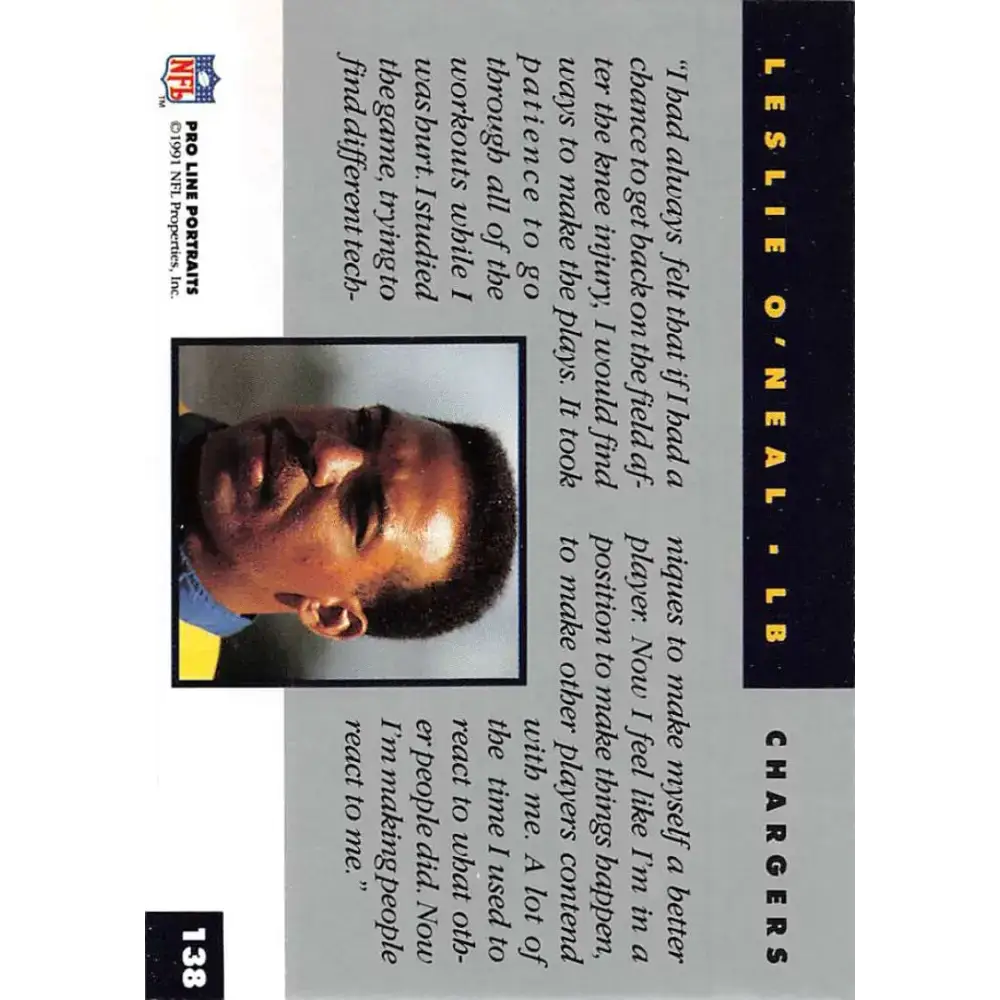 1991 Pro Line Portraits #138 Leslie O’Neal EX-NM San Diego Chargers Football Card - Football Card Single
