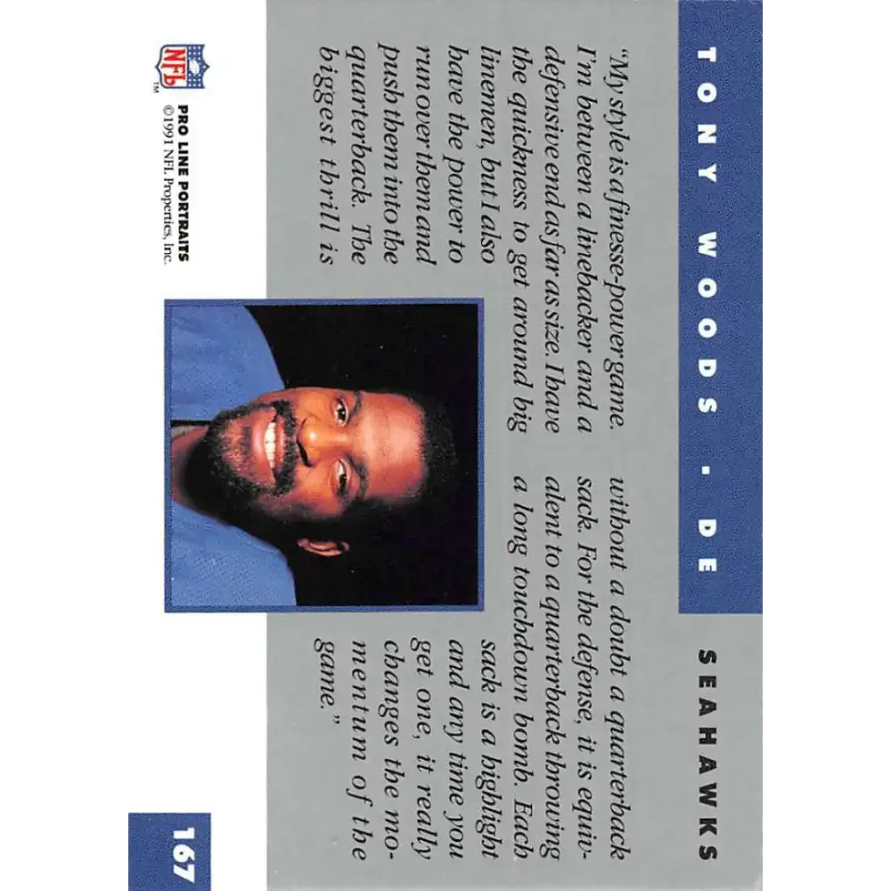 1991 Pro Line Portraits #167 Tony Woods EX-NM Seattle Seahawks Football Card - Football Card Single