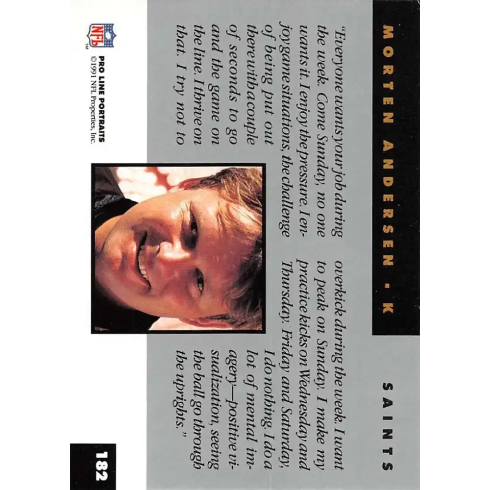 1991 Pro Line Portraits #182 Morten Andersen EX-NM New Orleans Saints Football Card - Football Card Single