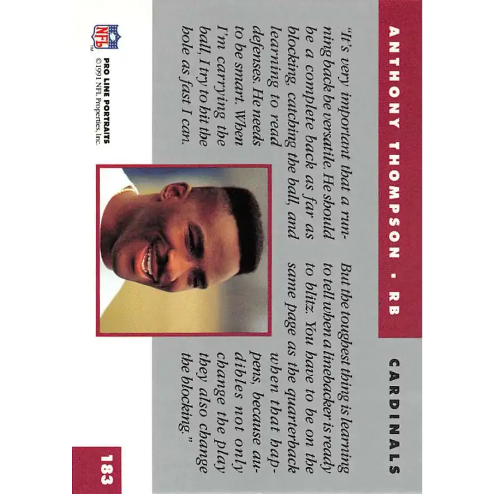 1991 Pro Line Portraits #183 Anthony Thompson EX-NM Phoenix Cardinals Football Card - Football Card Single