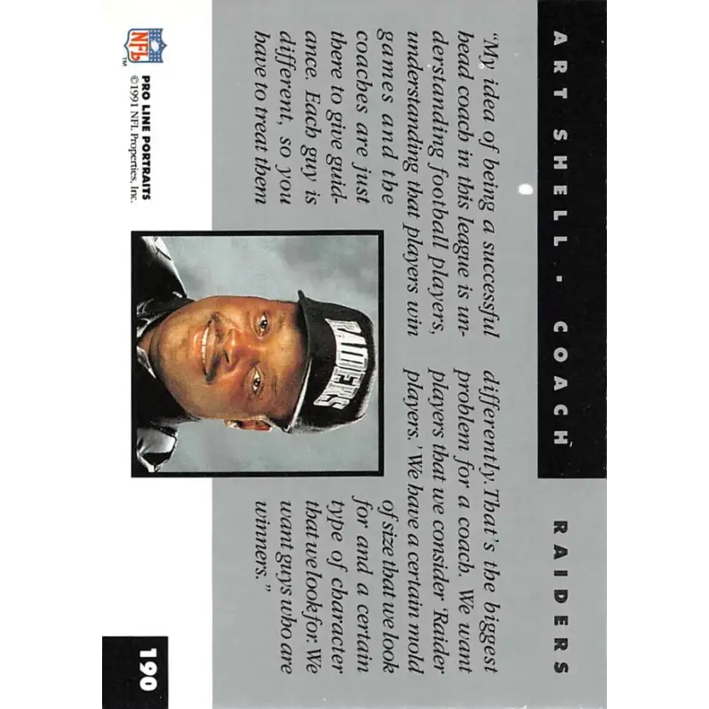 1991 Pro Line Portraits #190 Art Shell EX-NM Los Angeles Raiders Football Card - Football Card Single