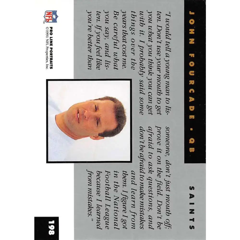1991 Pro Line Portraits #198 John Fourcade EX-NM New Orleans Saints Football Card - Football Card Single