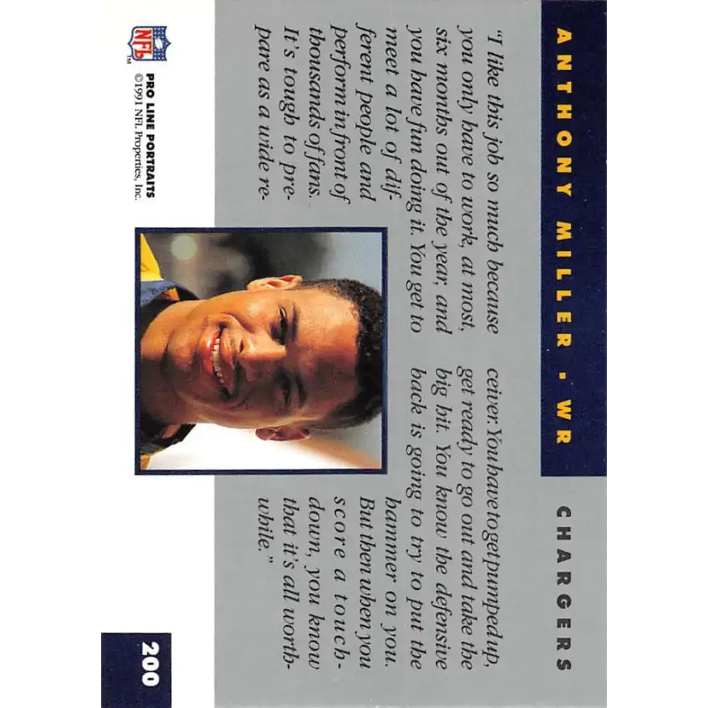 1991 Pro Line Portraits #200 Anthony Miller EX-NM San Diego Chargers Football Card - Football Card Single
