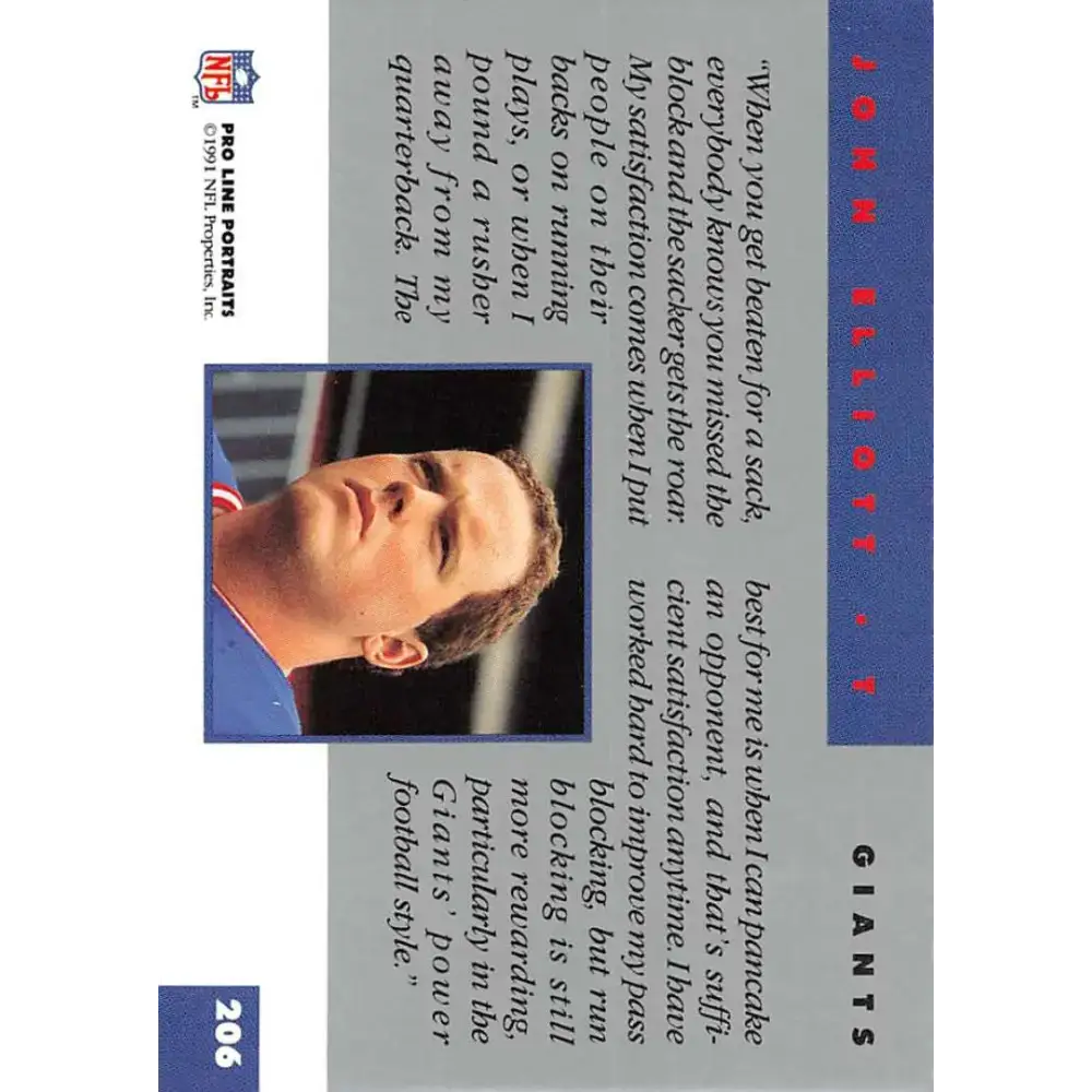 1991 Pro Line Portraits #206 Jumbo Elliott EX-NM New York Giants Football Card - Football Card Single