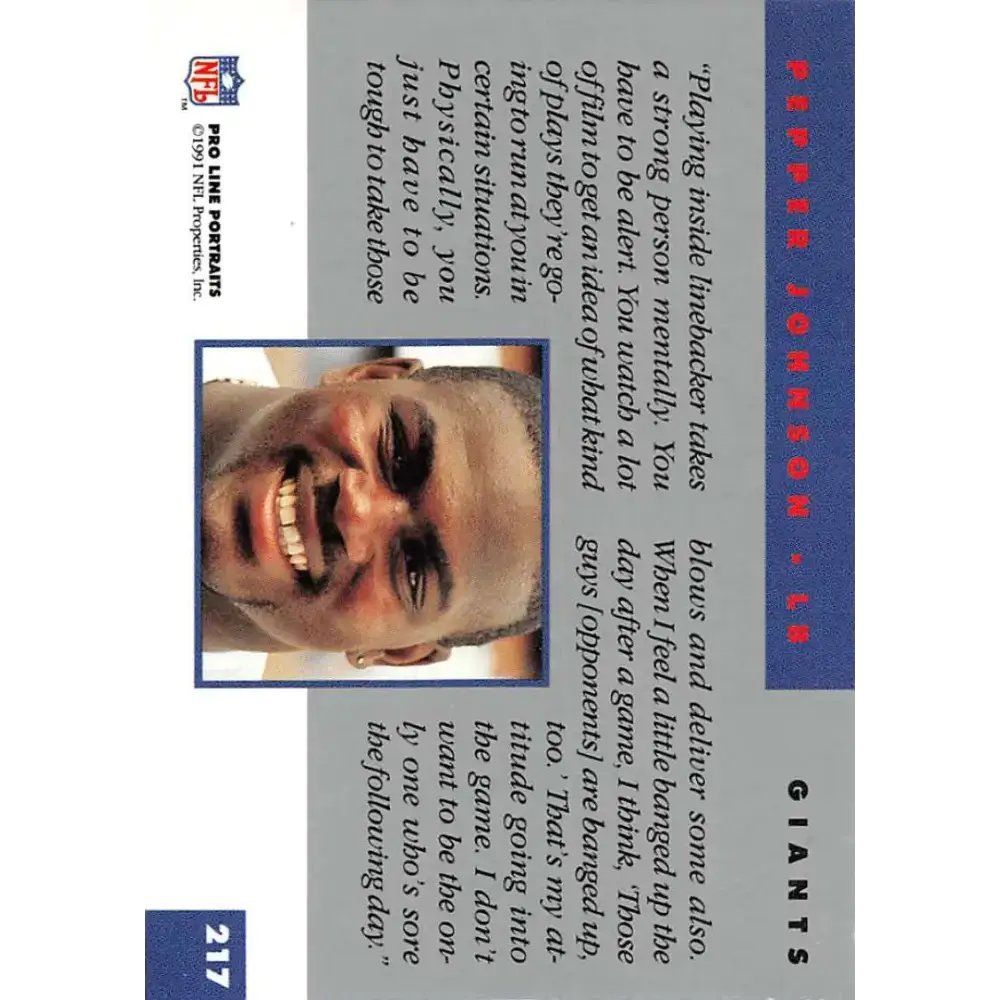 1991 Pro Line Portraits #217 Pepper Johnson EX-NM New York Giants Football Card - Football Card Single