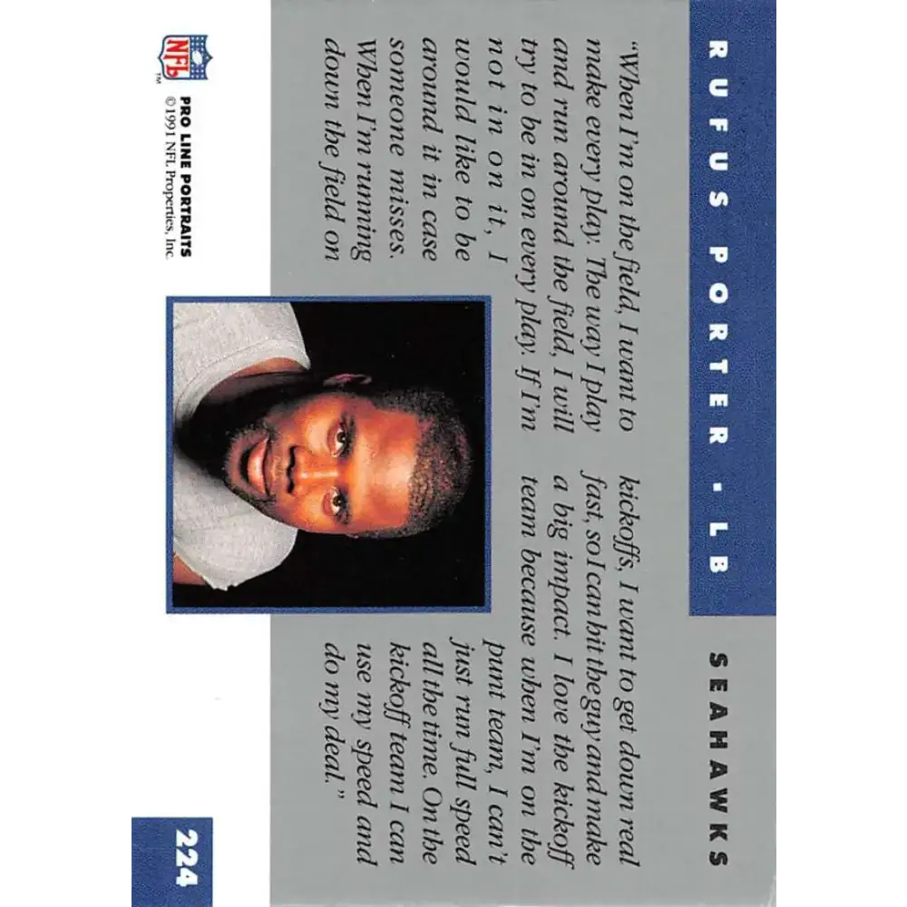 1991 Pro Line Portraits #224 Rufus Porter EX-NM Seattle Seahawks Football Card - Football Card Single