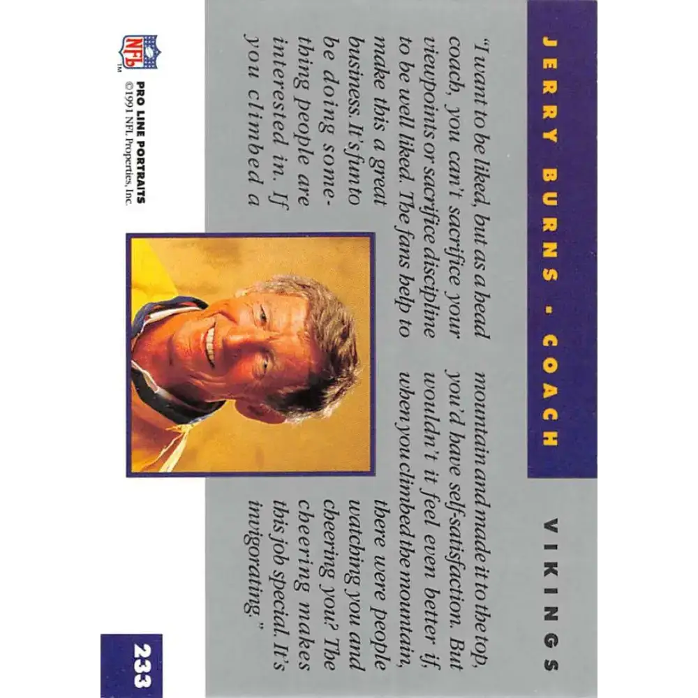 1991 Pro Line Portraits #233 Jerry Burns EX-NM Minnesota Vikings Football Card - Football Card Single
