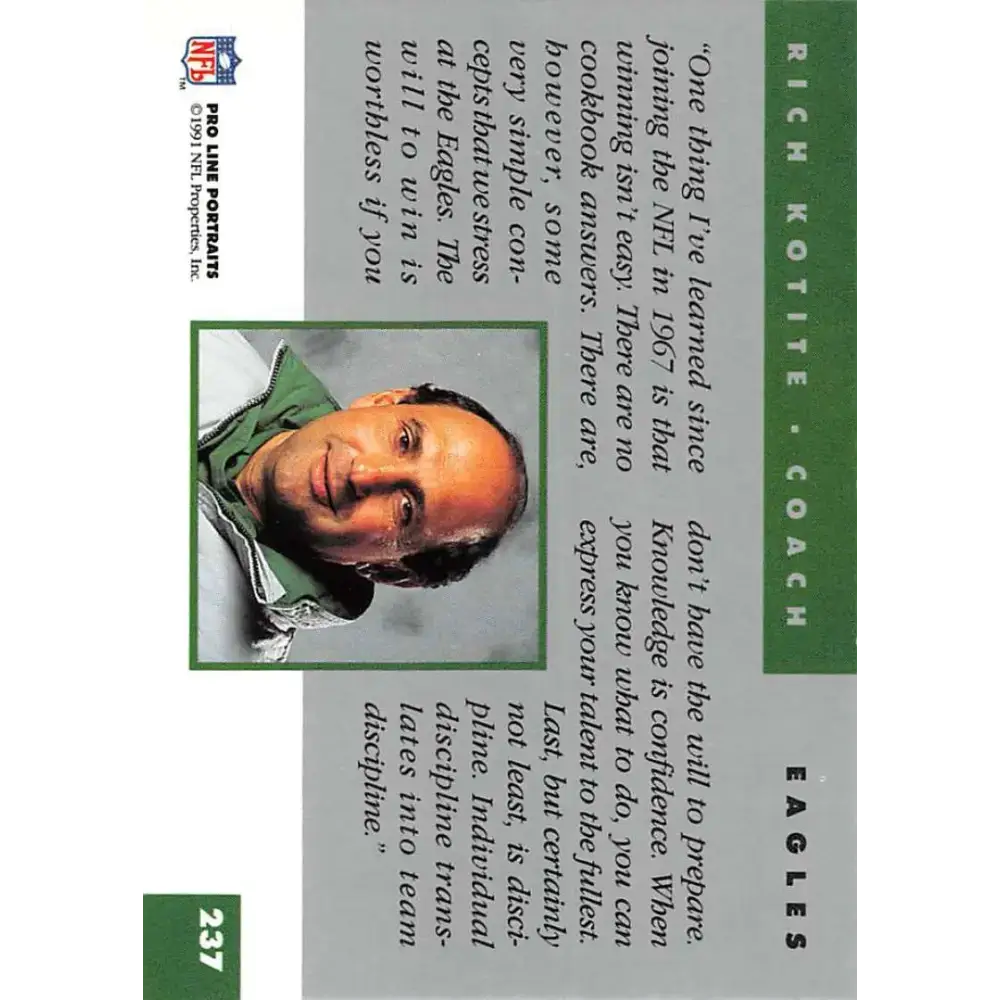 1991 Pro Line Portraits #237 Rich Kotite EX-NM Philadelphia Eagles Football Card - Football Card Single