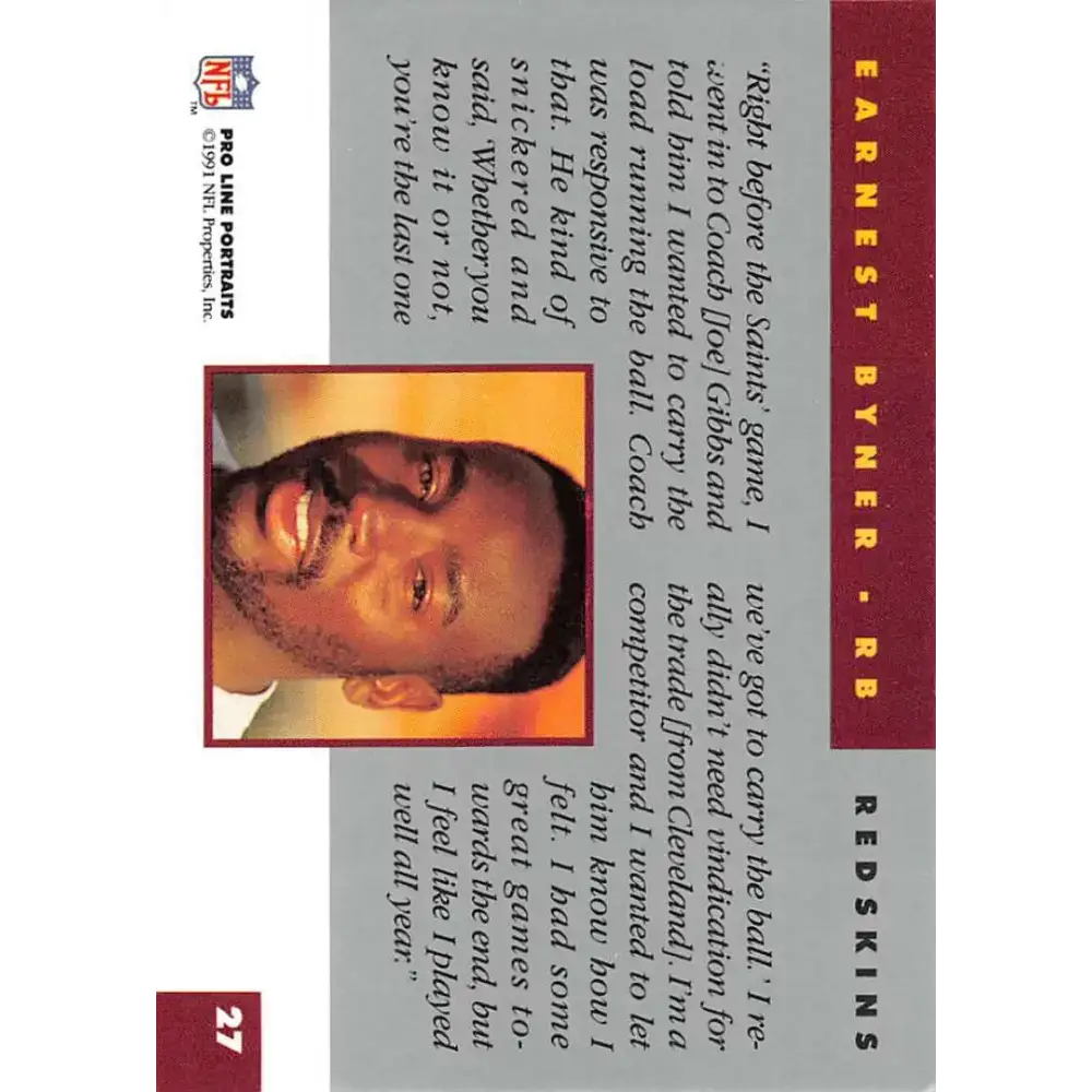 1991 Pro Line Portraits #27 Earnest Byner EX-NM Washington Redskins Football Card - Football Card Single