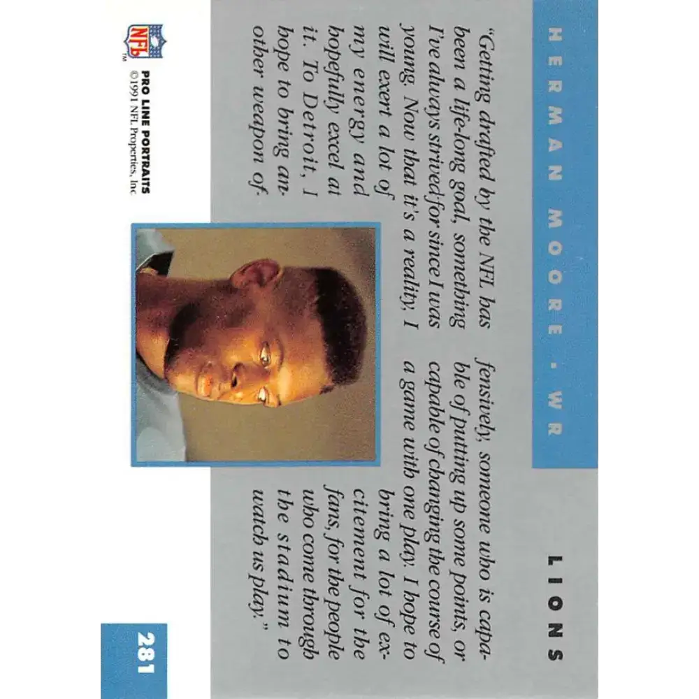 1991 Pro Line Portraits #281 Herman Moore EX-NM RC Rookie Detroit Lions Football Card - Football Card Single